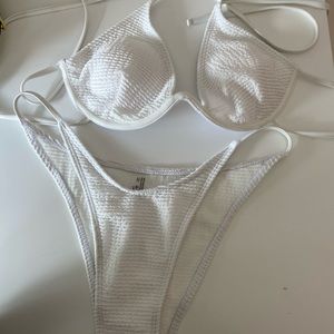 White Textured Ribbed Bikini SET